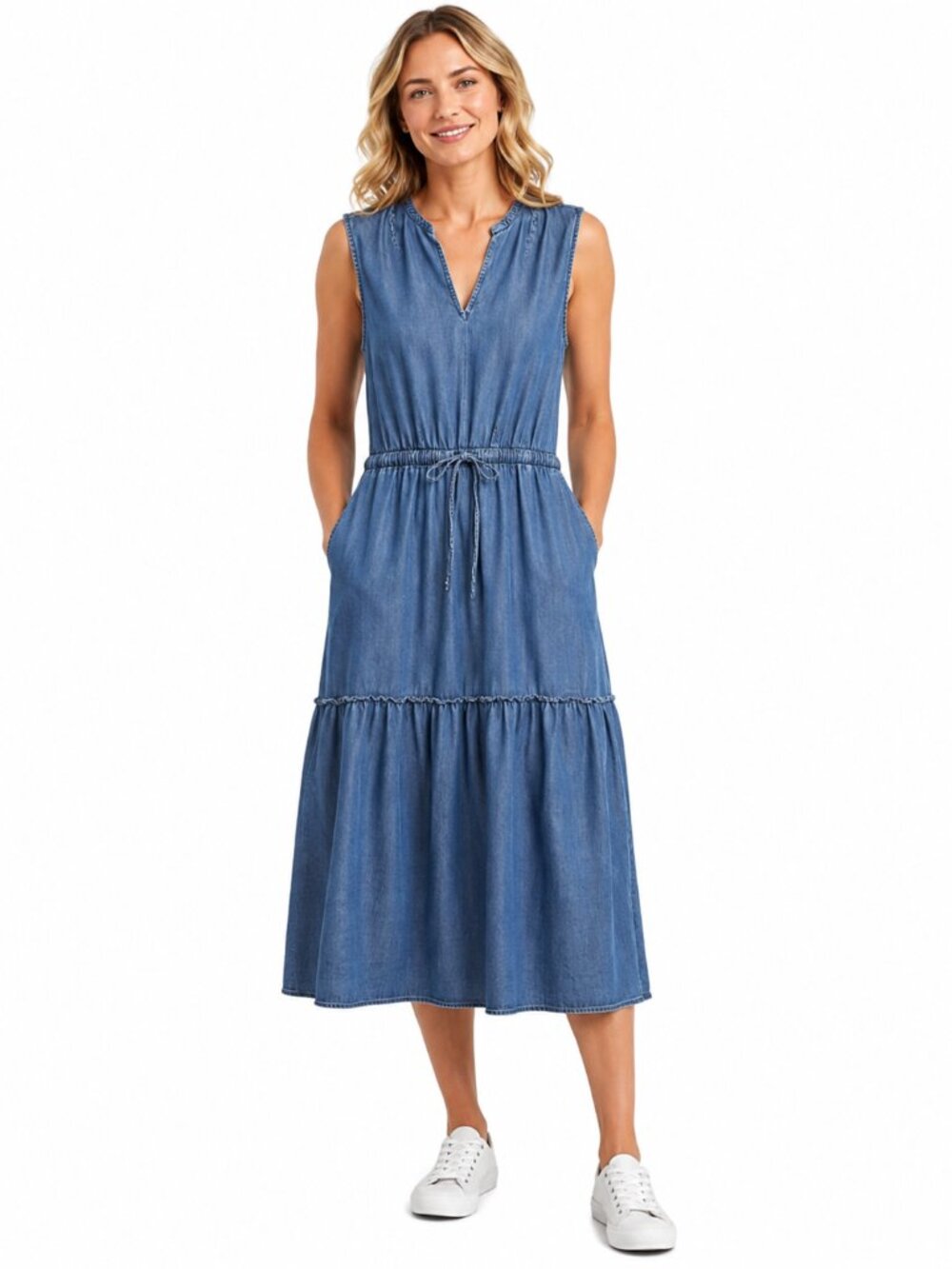 Lands End Women's Midi Dress 100% Lyocell Chambray Sleeveless Drawstring Size M